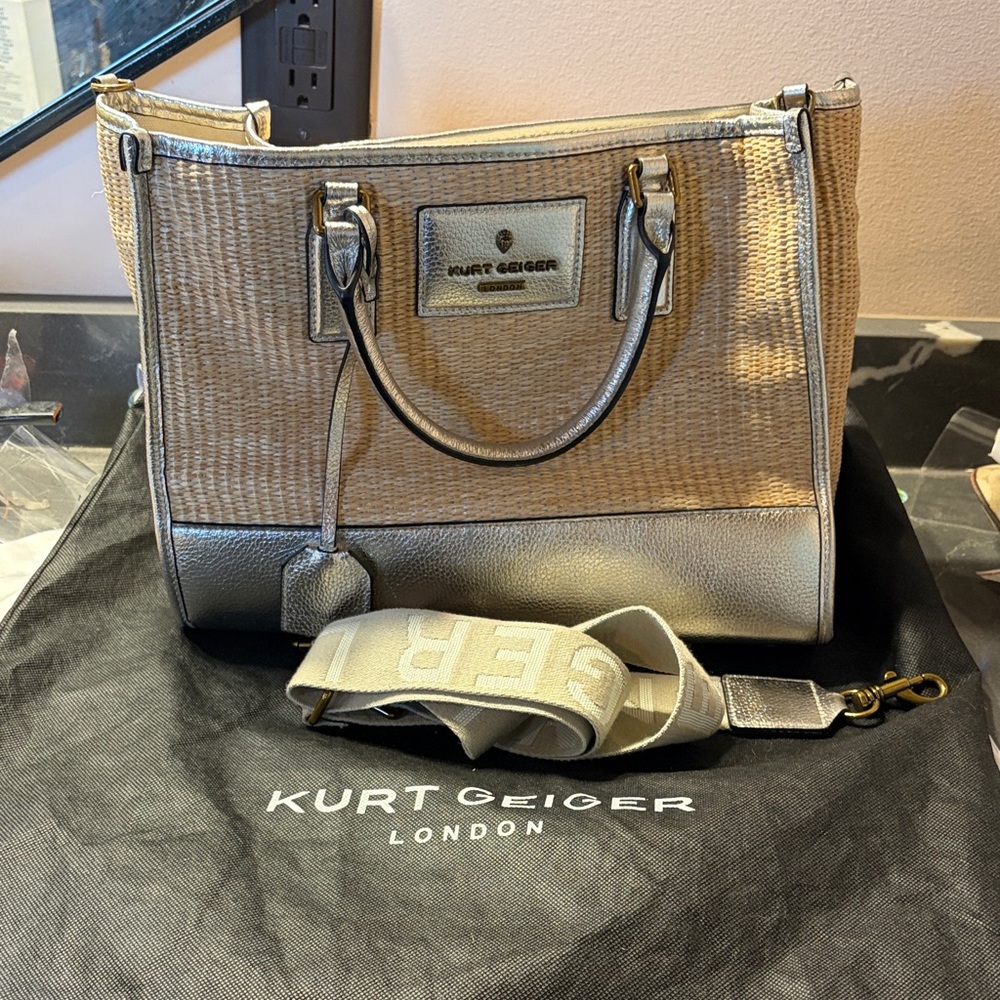Kurt Geiger Beige Woven Shoulder Bag with Metallic Gold Trim